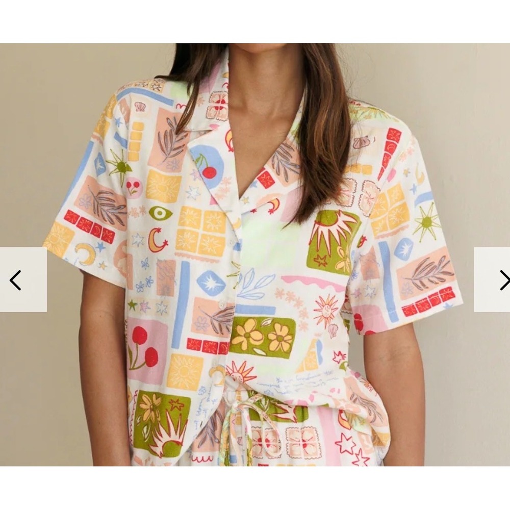 Graphic Button Down Shirt Short Sleeve  Linen colorful boho whimsi resort beAch